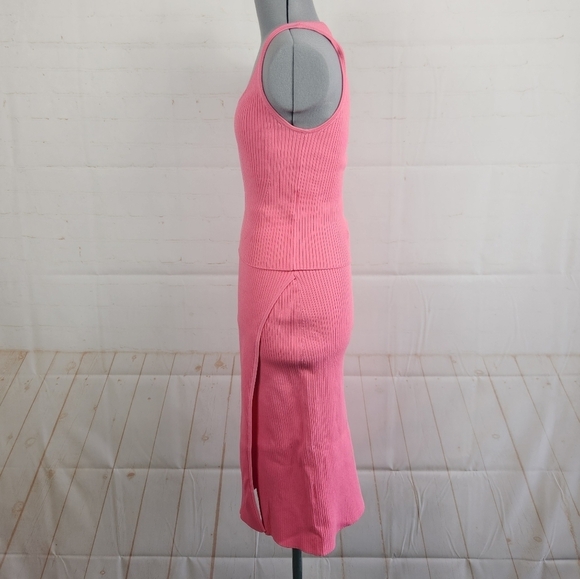Jonathan Simkhai Fitted Ribbed Faux Wrap Skirt & Crop Tank Set Camellia Pink XS - Picture 4 of 16